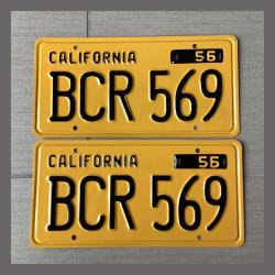 1956 California YOM License Plates For Sale - Restored Vintage Pair BCR569