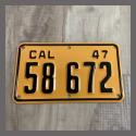 1947 California YOM Motorcycle License Plate For Sale - 58672